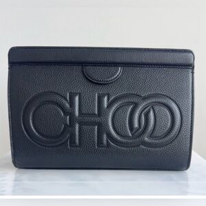 Jimmy Choo Logo Calf Leather Clutch Pouch handbag Medium- Large Logo Black NEW